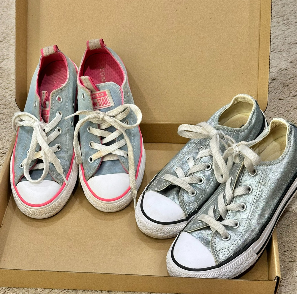 Lot 2 Converse All Star Silver / Blue Pink Little Girls Shoes Kids 13 C13 Lace